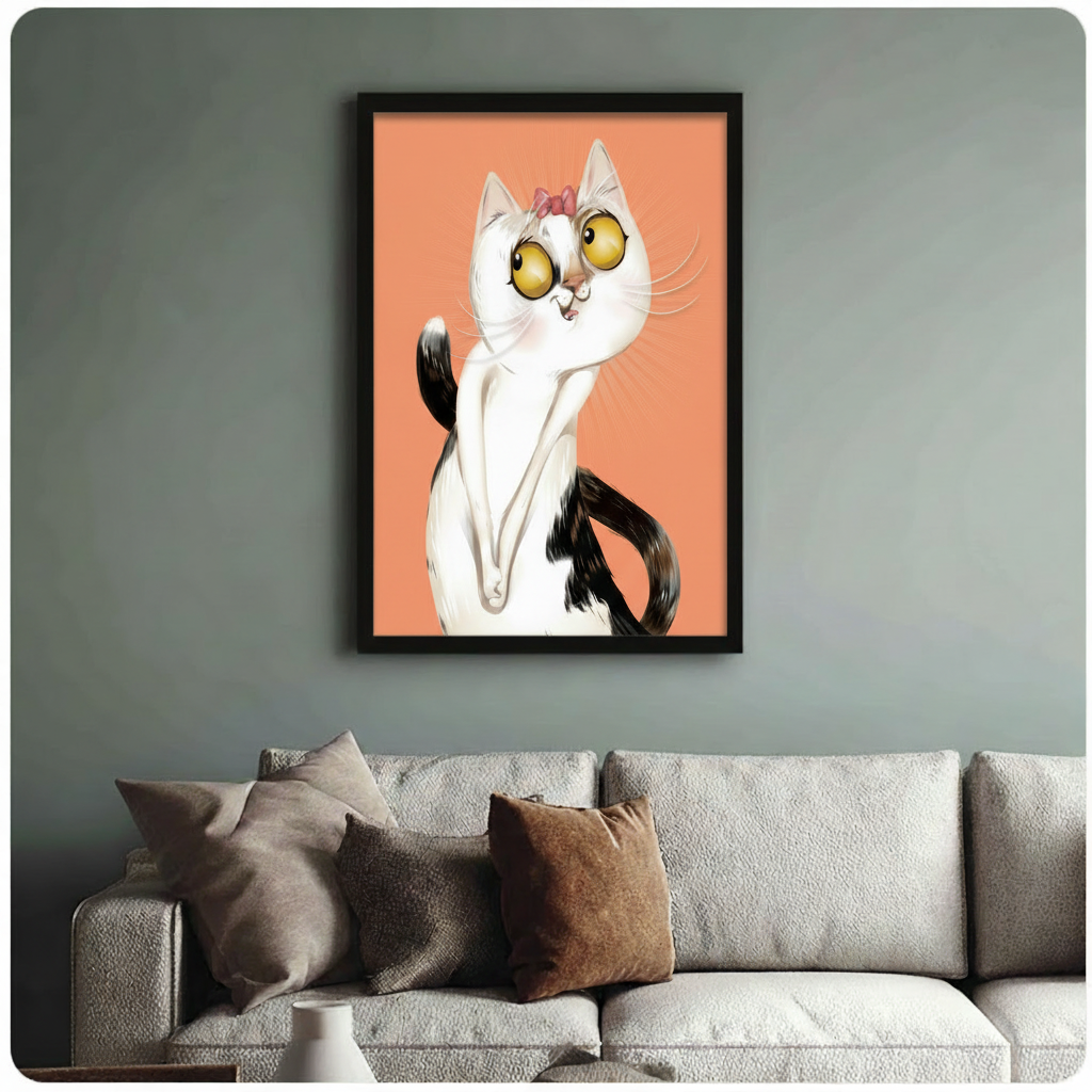 Whimsical black-framed poster of a big-eyed white and black cat with a pink hair bow on a warm coral background, above a neutral linen sofa