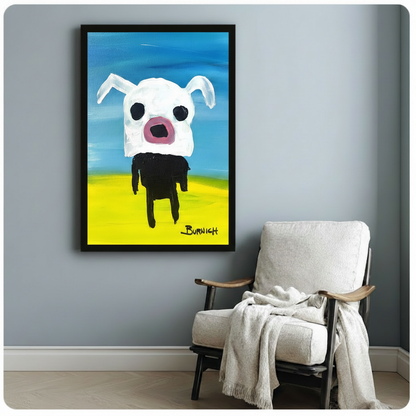 Black framed canvas of a whimsical white dog with floppy ears, black eyes, and pink snout on a blue sky and yellow ground, signed Burnich, mounted on a blue-grey wall beside a linen armchair