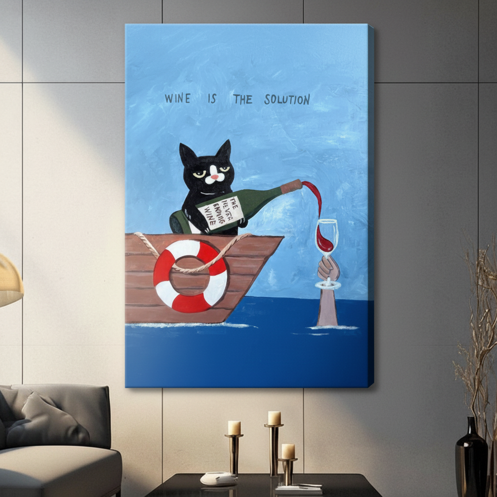 Stretched canvas wall art of a folk-style tuxedo cat sailing a wooden boat while pouring red wine from a never ending wine bottle into a glass held by a hand emerging from the ocean, with a life ring detail and wine is the solution quote on a sky blue background, hung on a dark gray tile wall beside a modern gray sofa with candlestick decor