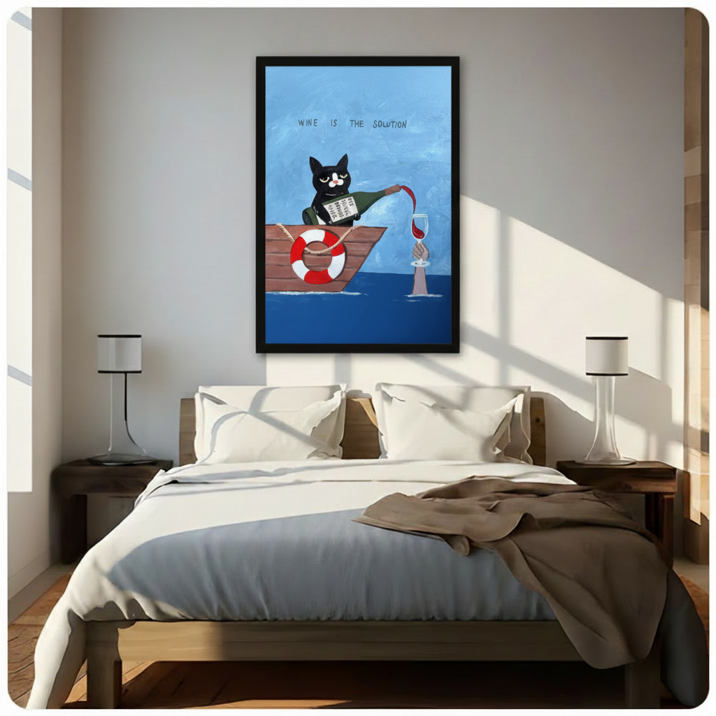 Black framed whimsical wine is the solution tuxedo cat in a boat canvas art with a cat pouring red wine to a hand emerging from the sea, a red and white life ring, and folk-style hand-lettering on a blue oil-painted background, hung above a wooden bed frame in a sun-drenched minimalist bedroom with crisp white linen bedding and matching cylindrical nightstand lamps