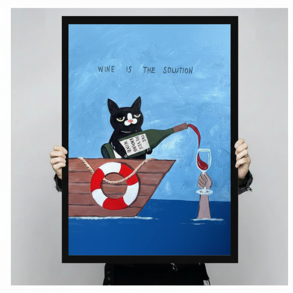 Person holding a large vertical black framed whimsical wine cat in boat canvas art print showing a tuxedo cat pouring red wine from a never ending wine bottle into a glass held by a hand rising from the ocean beneath the wine is the solution quote on a blue painterly background against a light gray studio backdrop