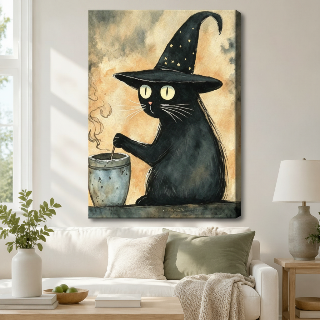 Stretched canvas whimsical witch black cat cauldron wall art featuring a plump black cat with oversized glowing yellow eyes wearing a tall star-studded witch hat and stirring a smoking gray cauldron on a moody warm amber watercolor background, hung above a white sofa with sage green pillows in a bright living room
