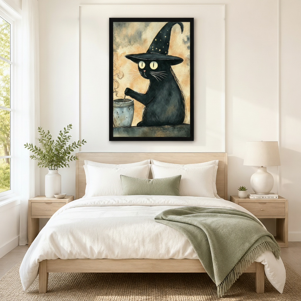 Black framed whimsical witch black cat cauldron canvas art with a plump black cat with oversized glowing yellow eyes and a tall star-dotted witch hat stirring a smoking gray cauldron on a warm vintage amber and moody gray watercolor background, hung above a light wood bed with white linen bedding and a sage green throw in a serene Scandinavian bedroom