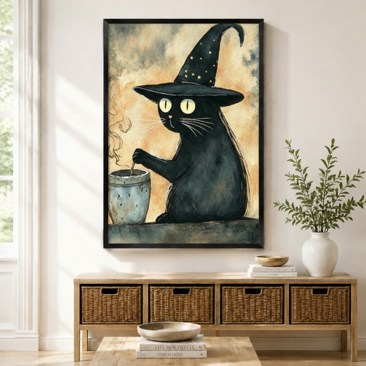 Black framed whimsical witch black cat cauldron canvas art with a round black cat wearing a tall star-dotted witch hat stirring a steaming gray cauldron with glowing yellow eyes on a warm vintage amber watercolor background, displayed above a rattan storage console in a bright entryway