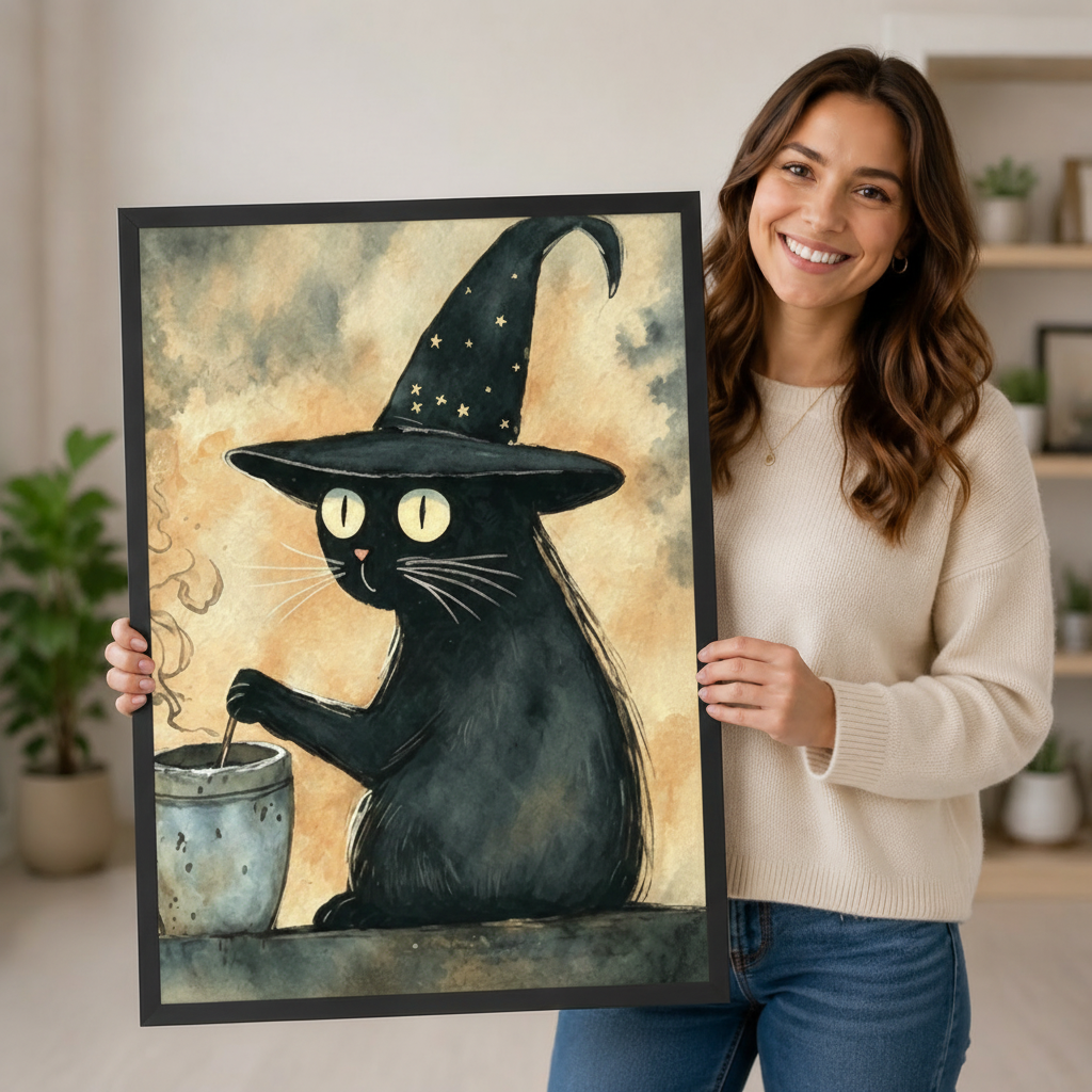 Smiling woman in a cream sweater holding a large black framed whimsical witch black cat cauldron canvas art print with a round black cat with glowing yellow eyes wearing a tall star-studded witch hat stirring a steaming cauldron on a warm vintage amber watercolor background