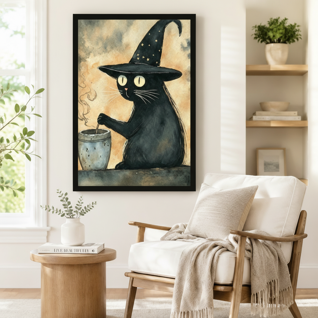 Black framed whimsical witch black cat cauldron canvas art showing a chubby black cat with bright yellow cat eyes in a tall star-dotted witch hat leaning over a steaming gray cauldron on a vintage amber and smoky gray watercolor background, displayed beside a white linen armchair in a cozy reading nook