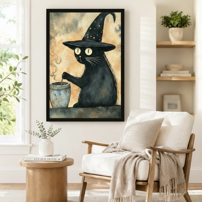 Black framed whimsical witch black cat cauldron canvas art showing a chubby black cat with bright yellow cat eyes in a tall star-dotted witch hat leaning over a steaming gray cauldron on a vintage amber and smoky gray watercolor background, displayed beside a white linen armchair in a cozy reading nook