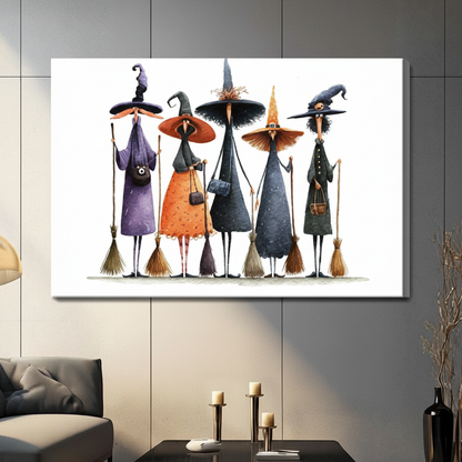 Stretched canvas whimsical Halloween witch squad with brooms wall art featuring five lanky quirky witches in purple orange black and dark green robes with mismatched pointed hats and broomsticks rendered in expressive watercolor style on a crisp white background, hung on a dark gray wall above a gray sofa