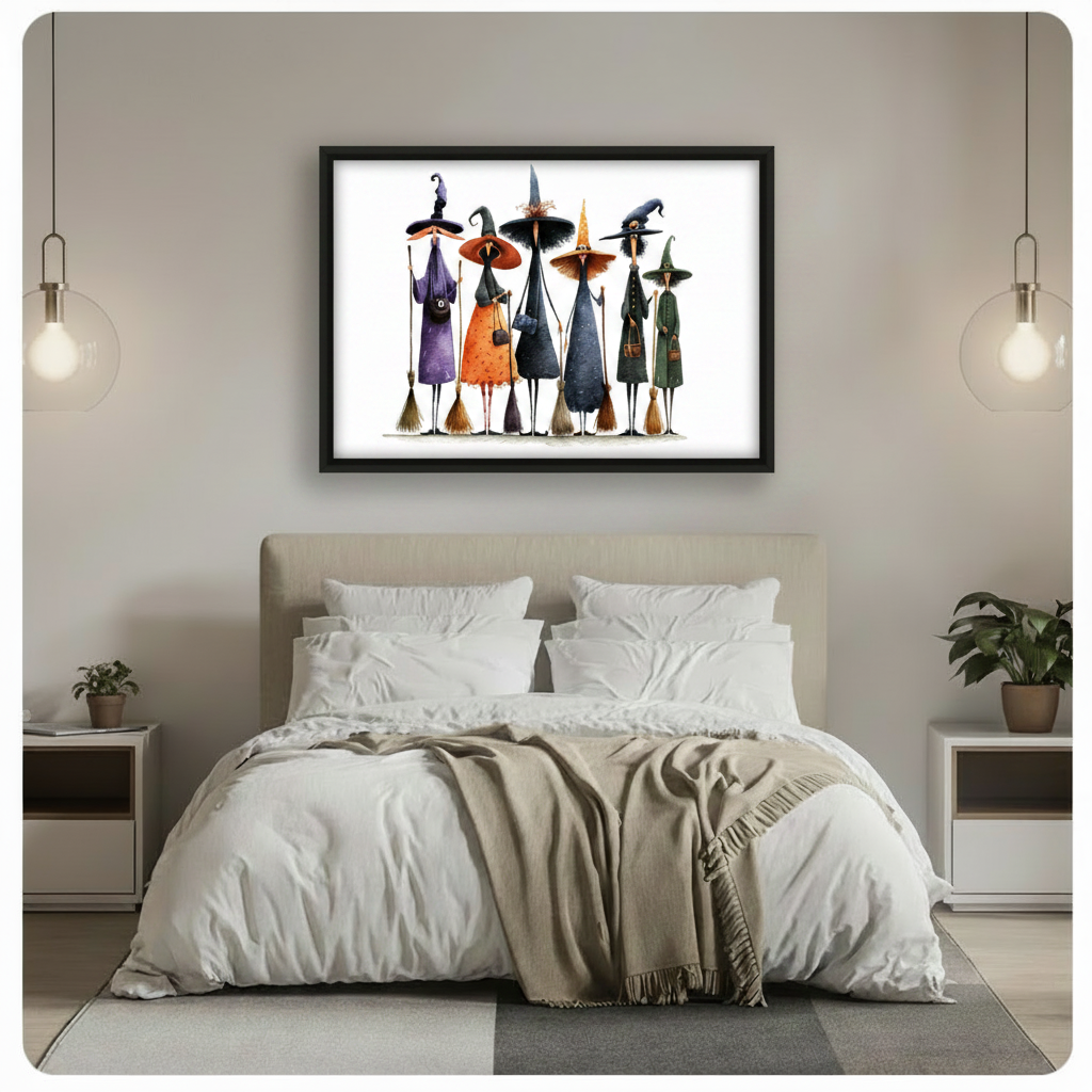 Black framed whimsical Halloween witch squad with brooms canvas art showing six eccentric tall thin witches in colorful purple orange black and green robes with uniquely shaped pointed hats and broomsticks in expressive watercolor style on a white background, hung above a bed with white linen bedding and glass pendant lights in a modern bedroom