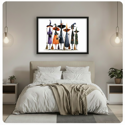 Black framed whimsical Halloween witch squad with brooms canvas art showing six eccentric tall thin witches in colorful purple orange black and green robes with uniquely shaped pointed hats and broomsticks in expressive watercolor style on a white background, hung above a bed with white linen bedding and glass pendant lights in a modern bedroom
