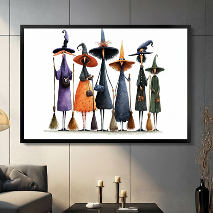 Black framed whimsical Halloween witch squad with brooms canvas art with six quirky tall thin witches in purple orange black and green robes each wearing a uniquely shaped pointed hat and holding a broomstick on a clean white background, hung on a dark gray wall above a gray sofa