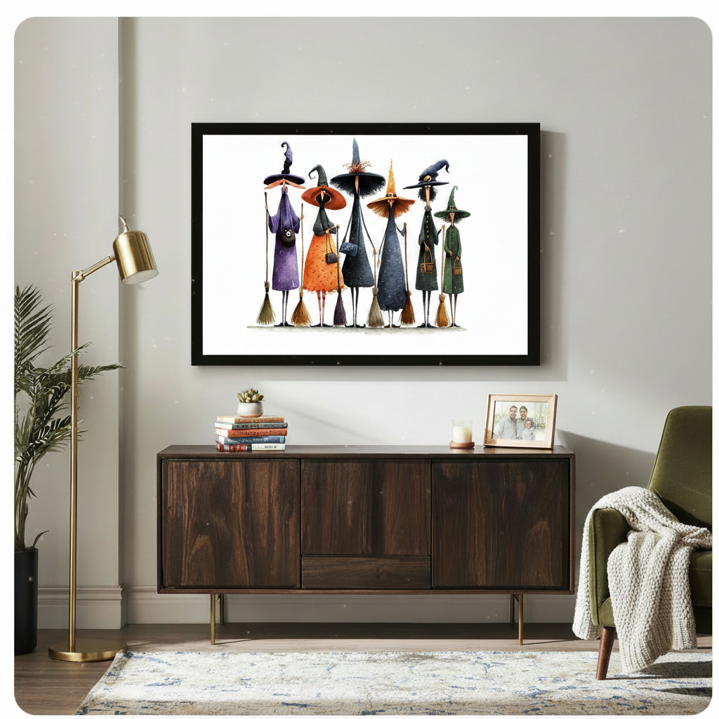 Black framed whimsical Halloween witch squad with brooms canvas art with six lanky quirky witches in purple orange black and dark green robes each sporting a different pointed hat and broomstick in loose watercolor style on a clean white background, displayed above a dark walnut sideboard with a gold floor lamp and olive green armchair