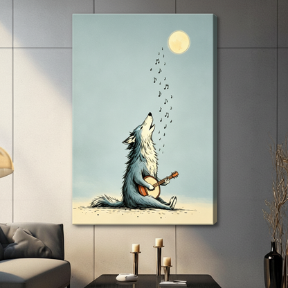 Gallery wrapped canvas of a howling wolf strumming a banjo beneath the moon, unframed wall art displayed on a dark grey wall above a console table with candle holders in a contemporary living room