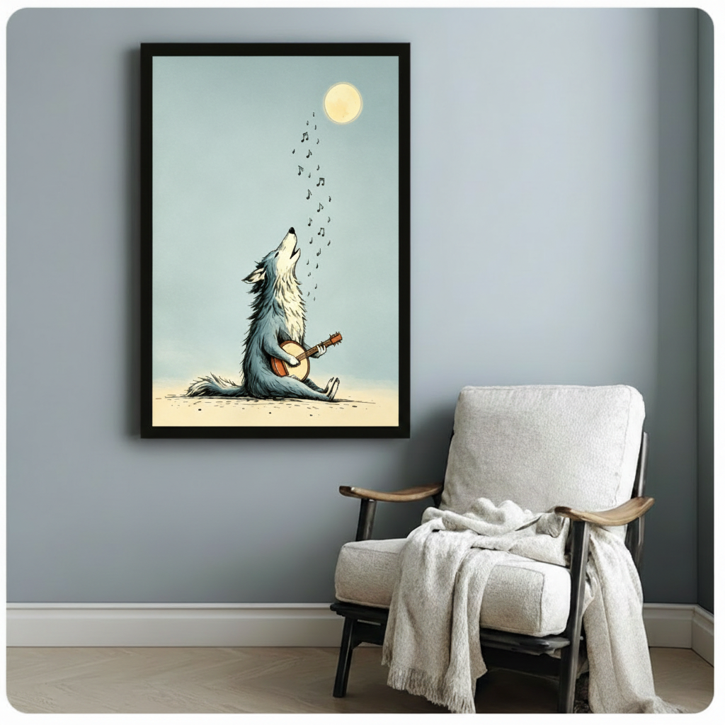 Black framed wolf banjo moonlight art print on a light grey wall beside a white linen armchair draped with a beige throw blanket, whimsical animal music wall decor for a cosy reading corner