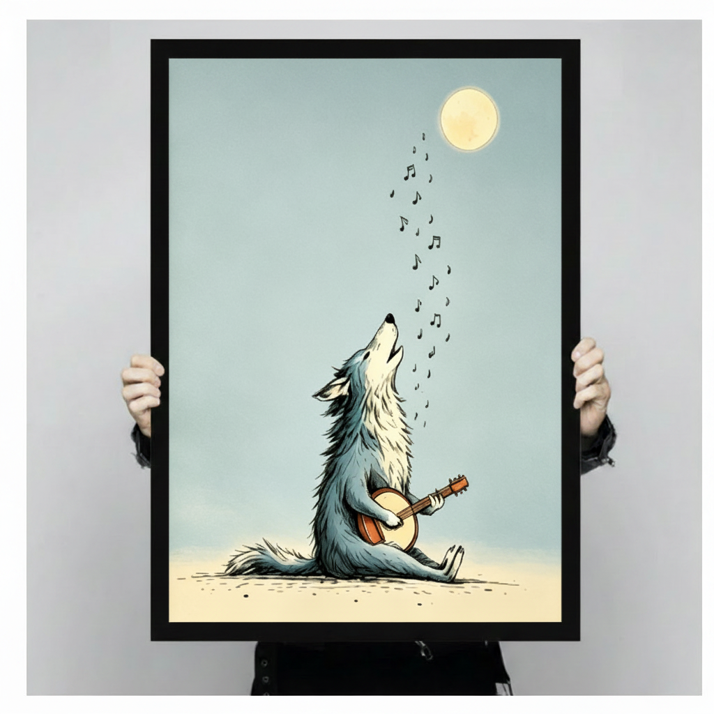 Person holding a black framed howling wolf playing banjo under the moon art print against a light grey backdrop, full front view of whimsical animal music wall art poster