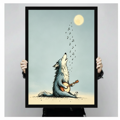 Person holding a black framed howling wolf playing banjo under the moon art print against a light grey backdrop, full front view of whimsical animal music wall art poster