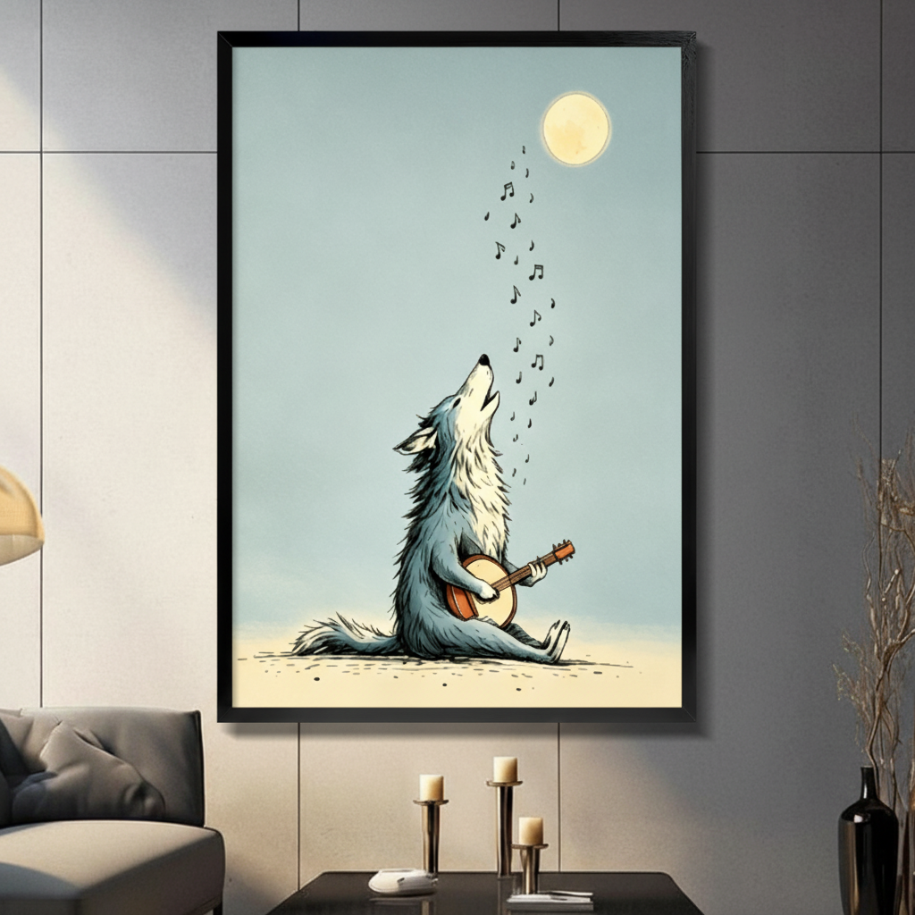 Framed wolf playing banjo under a glowing moon wall art print in black frame, hung on a dark grey wall above a console table with candle holders and a table lamp in a modern living room