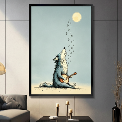 Framed wolf playing banjo under a glowing moon wall art print in black frame, hung on a dark grey wall above a console table with candle holders and a table lamp in a modern living room