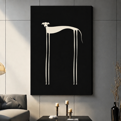 Frameless canvas print of abstract whippet silhouette on black background displayed on dark wall