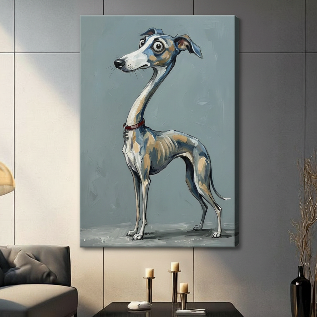 Canvas print of a quirky whippet dog illustration with expressive wide eyes, hung in contemporary living room setting