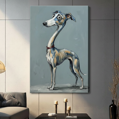 Canvas print of a quirky whippet dog illustration with expressive wide eyes, hung in contemporary living room setting