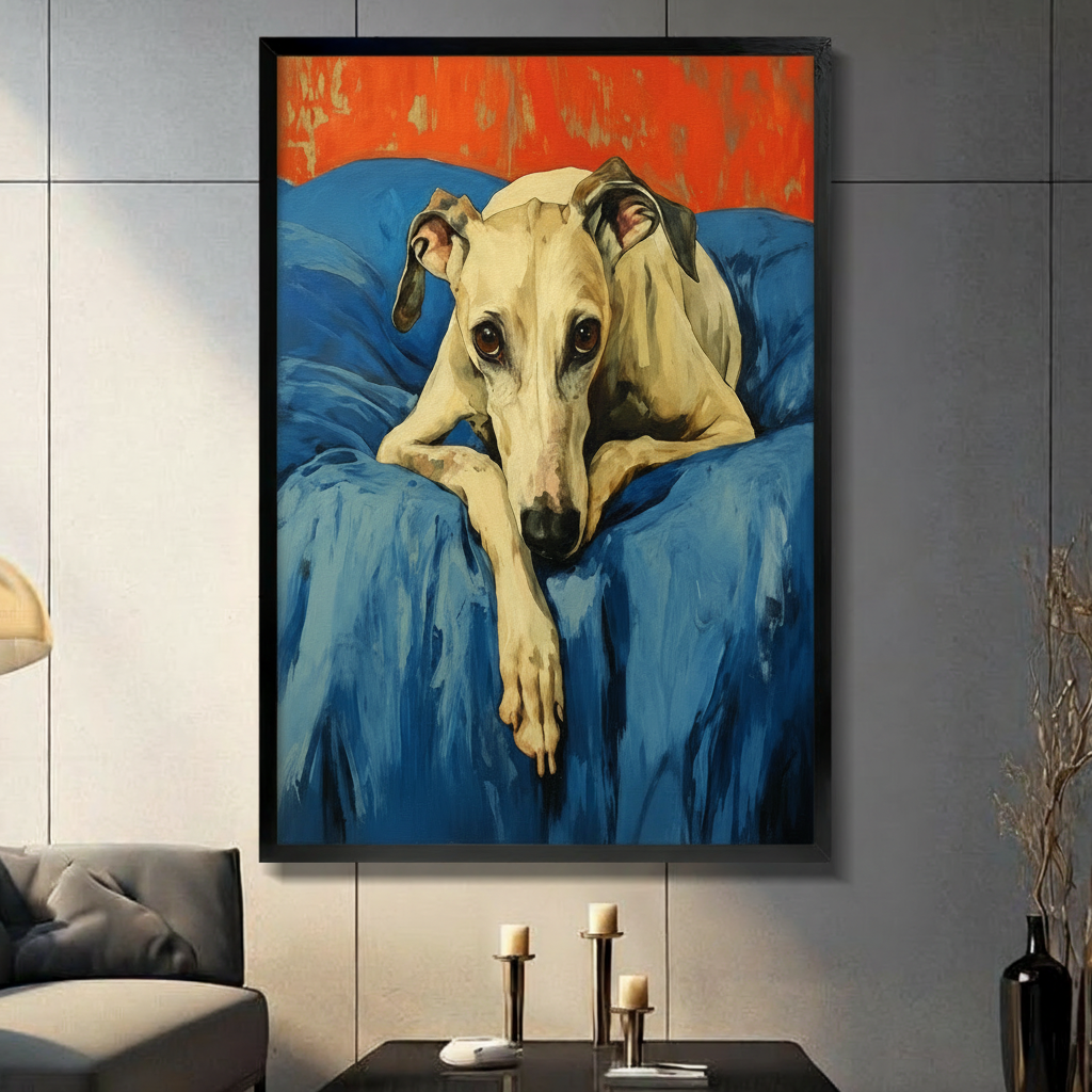 Framed canvas wall art of a soulful whippet dog resting on a blue sofa with bold orange-red background, expressive oil painting style, displayed in dark modern living room