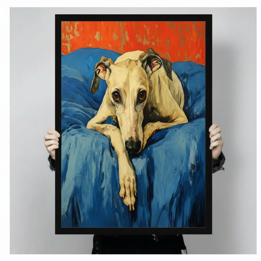 Hand-held close-up of whippet dog oil painting canvas art in black wood frame, showing bold brushstroke detail and vibrant blue and orange color palette