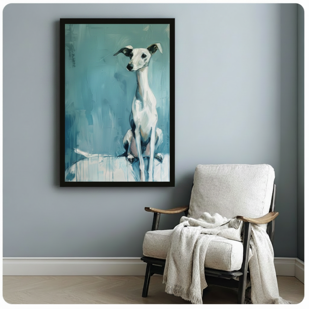 Black framed contemporary oil painting poised white whippet with black facial markings seated on loose abstract teal background canvas print hung above white upholstered accent chair on pale blue-grey wall - expressive whippet greyhound dog portrait with cool blue-green palette for cozy reading corner decor