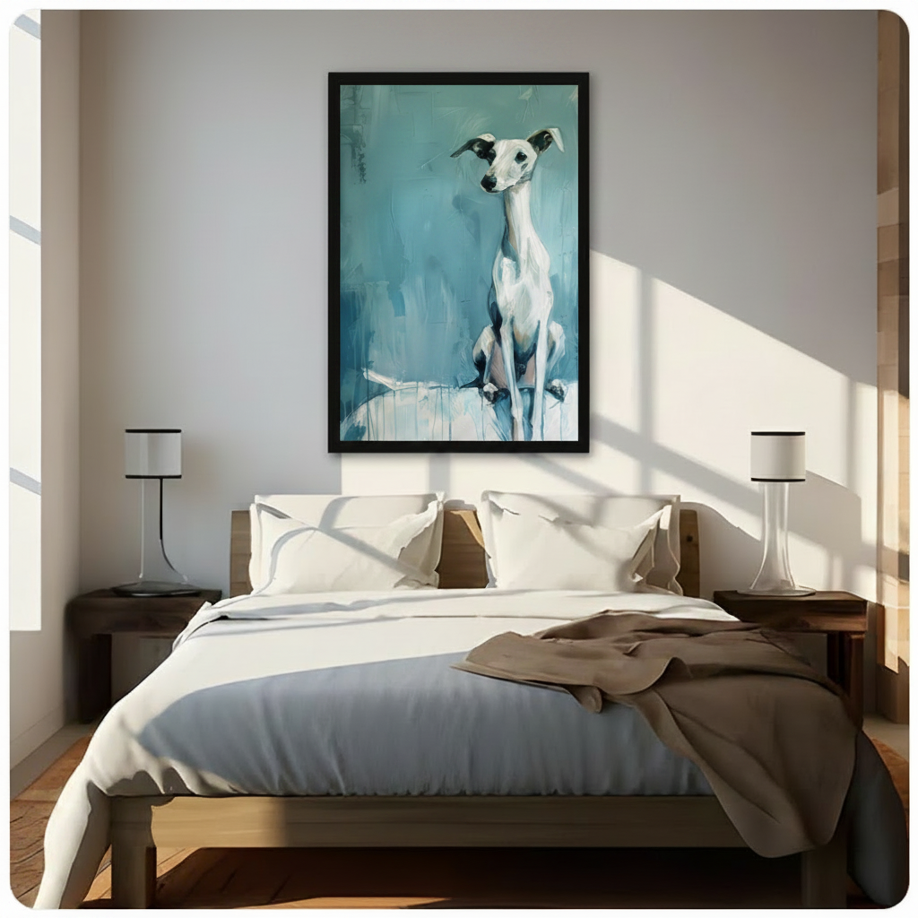 Framed contemporary oil painting poised white whippet with black facial markings on loose abstract teal background canvas print centered above dark walnut bed frame with white linen in sun-drenched minimalist bedroom flanked by slim white table lamps - expressive whippet greyhound dog portrait for serene bedroom wall decor