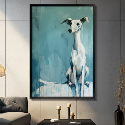 Framed contemporary oil painting graceful white whippet with dark ears perched alertly on abstract teal brushstroke canvas print displayed on dark grey tile wall above brass candlestick console in modern living room - minimalist whippet greyhound dog art with cool teal palette for luxury home decor