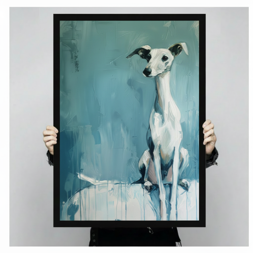 Two hands holding up large black framed contemporary oil painting graceful white whippet with dark ears on abstract teal brushstroke background against neutral grey wall - size reference shot of minimalist whippet greyhound dog portrait canvas print with cool teal palette and premium black frame