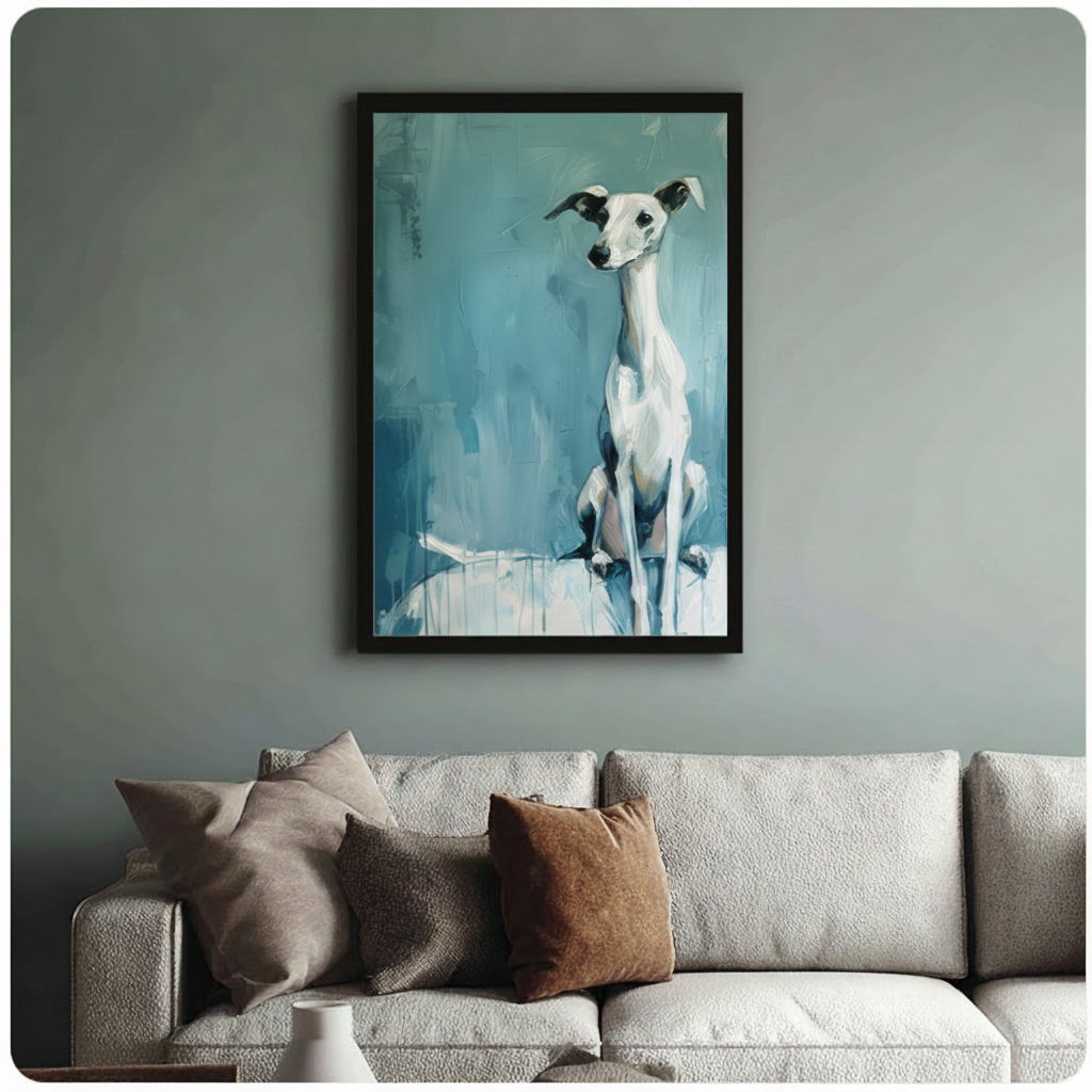 Framed contemporary oil painting graceful white whippet with dark ears perched alertly on abstract teal brushstroke canvas print centered above cream textured sofa on muted sage wall - minimalist whippet greyhound dog art with cool teal palette complementing neutral Scandinavian living room decor