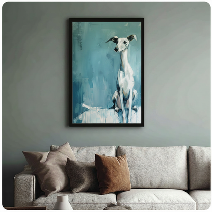 Framed contemporary oil painting graceful white whippet with dark ears perched alertly on abstract teal brushstroke canvas print centered above cream textured sofa on muted sage wall - minimalist whippet greyhound dog art with cool teal palette complementing neutral Scandinavian living room decor