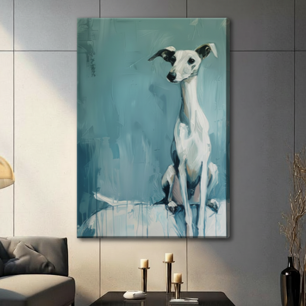 Unframed contemporary oil painting poised white whippet with black facial markings seated on loose abstract teal background canvas print on dark grey tile wall beside brass candlestick console in contemporary living room - expressive whippet greyhound dog portrait with cool blue-green palette for modern wall decor