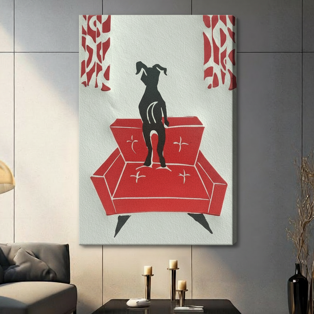 Whippet dog silhouette on red retro sofa unframed canvas wall art, mid-century modern style with geometric red curtains, hung on grey wall in contemporary living room