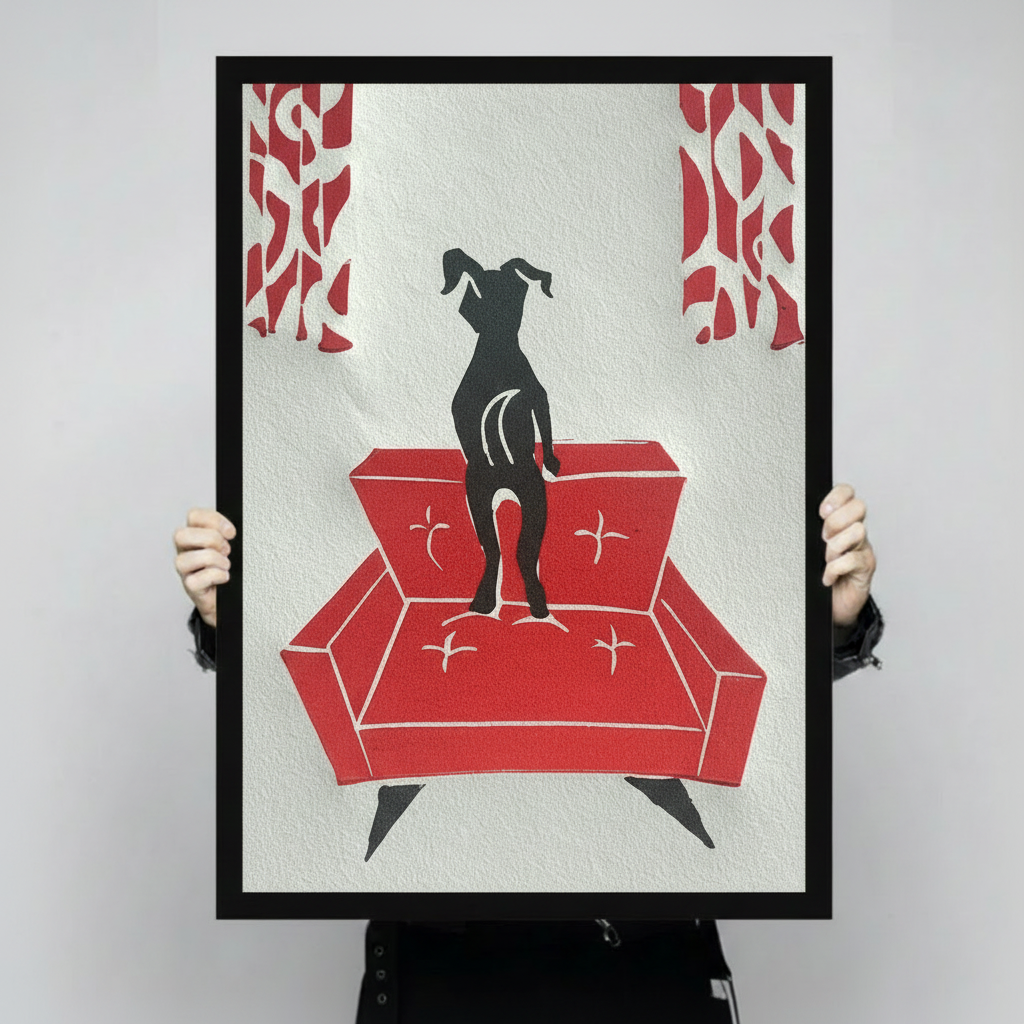 Person holding a large framed art print of a black whippet silhouette on a red mid-century modern sofa with red and white patterned curtains, showing print texture detail