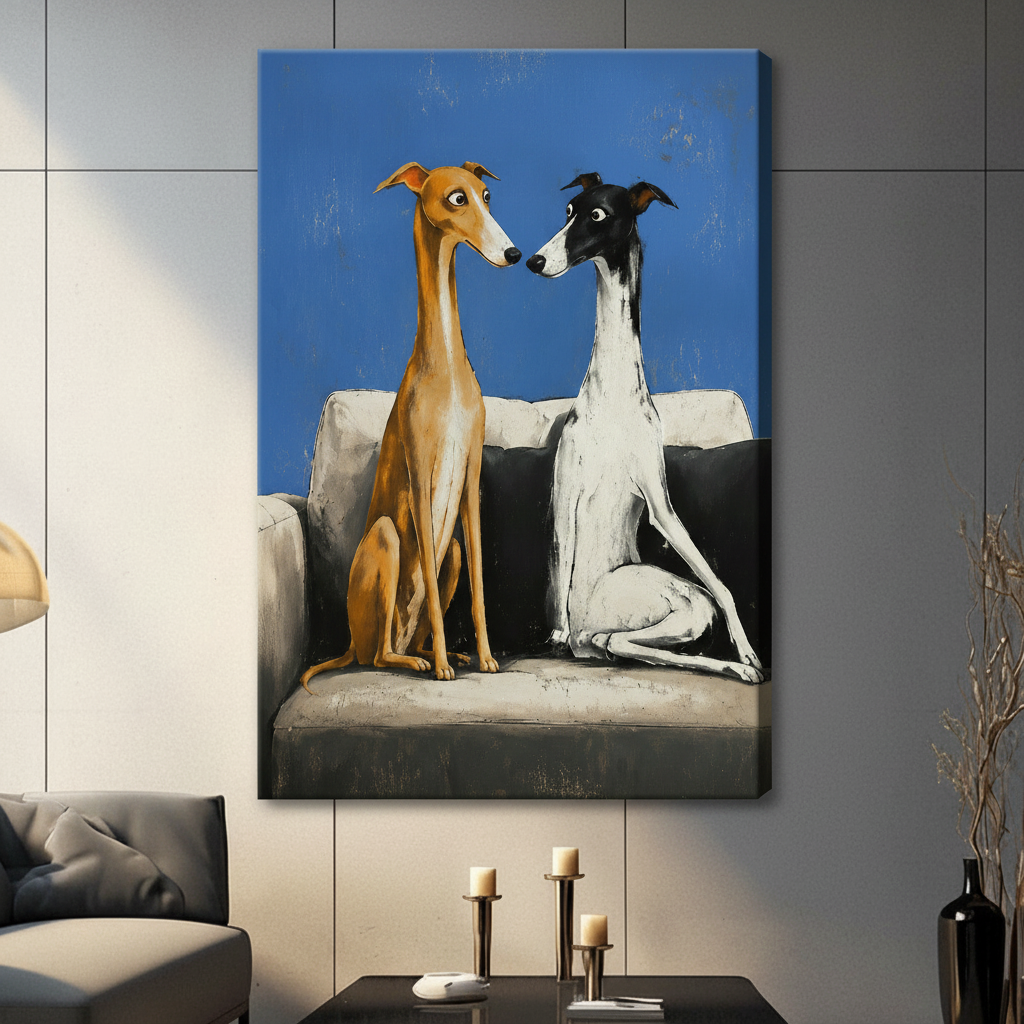 Tan and black-white whippet dogs sitting on couch, stretched canvas print displayed on grey wall in contemporary living room setting