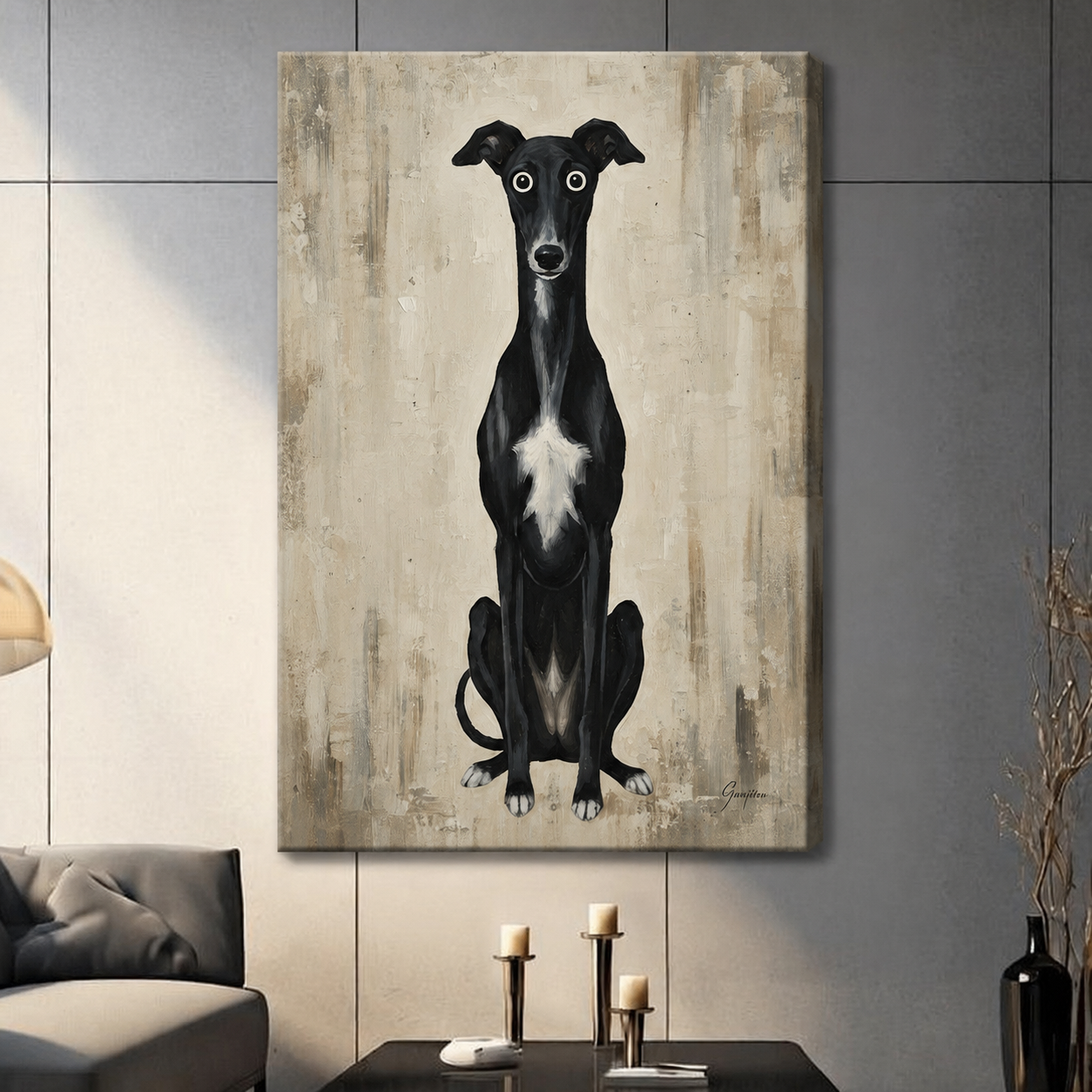 Gallery wrap canvas of whimsical black whippet greyhound with big round eyes on textured beige background hanging on gray wall above dark console table in modern living room