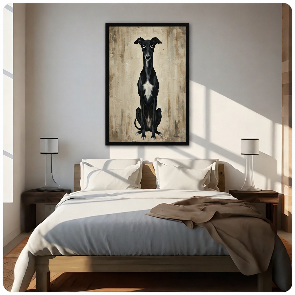 Quirky black whippet greyhound dog portrait wall art in black frame hanging above white linen king bed with wooden nightstands and warm sunlight in minimalist American bedroom