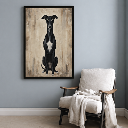 Black framed quirky black whippet greyhound dog portrait with wide eyes on vintage beige textured background beside white linen accent chair with throw blanket in bright reading nook