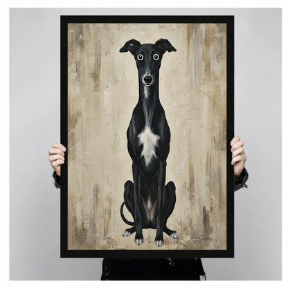 Person holding large black framed whimsical black greyhound whippet dog art print with big round eyes on aged beige textured background in neutral home interior