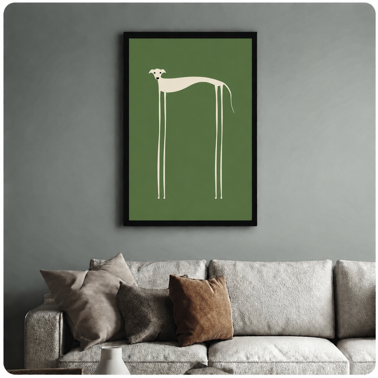 Black framed whippet minimalist poster above neutral sofa in modern living room