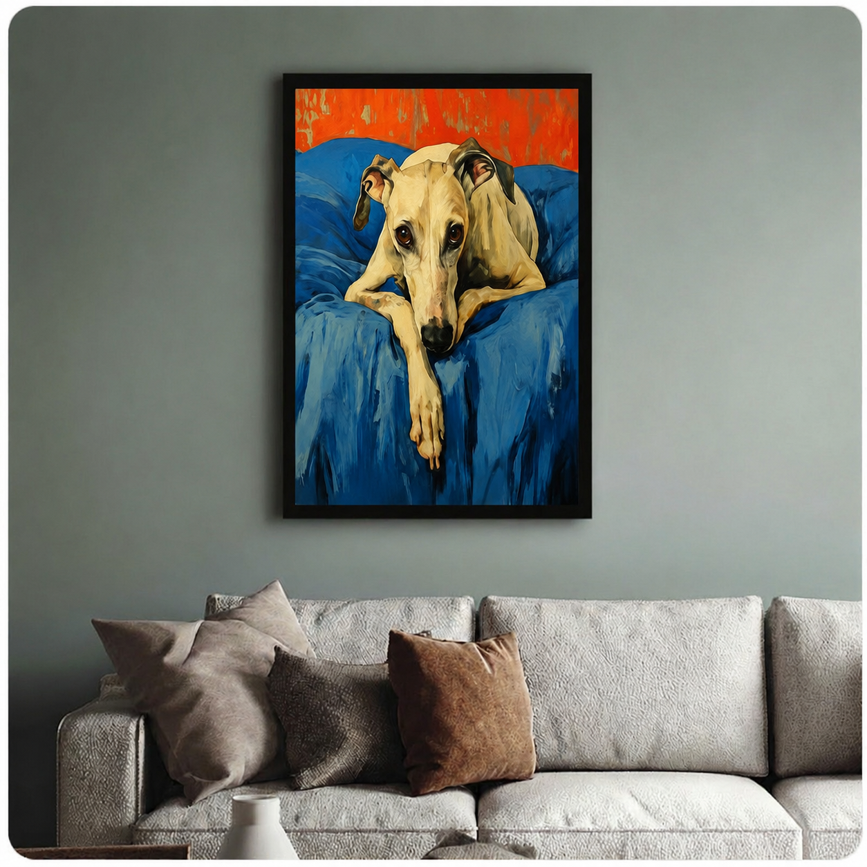 Whippet dog portrait oil painting framed canvas art displayed above a light grey sofa in a modern American living room, bold colorful pet wall decor
