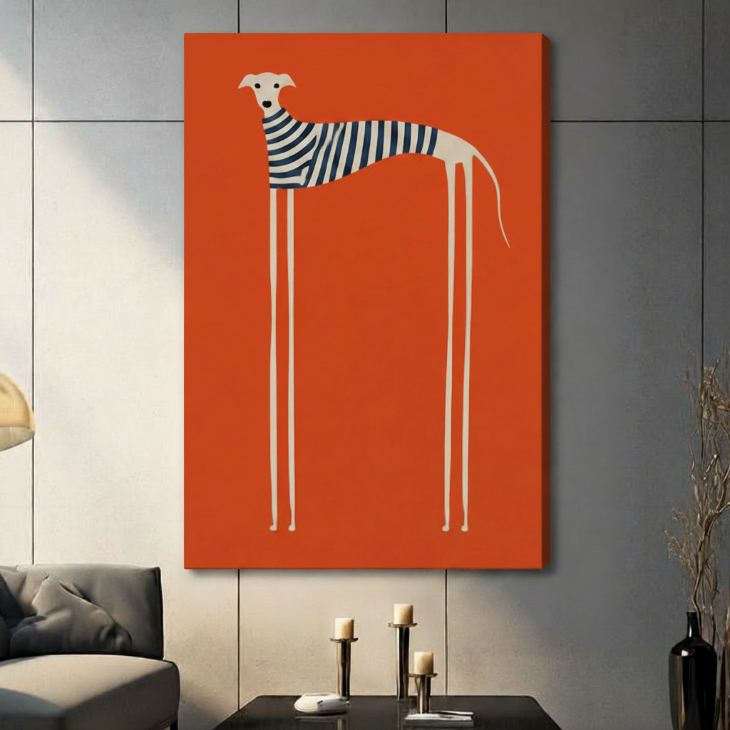 Stretched canvas print of a stylized whippet dog in a navy blue striped sweater against a vibrant orange background, gallery-wrapped and hung in a contemporary grey living space