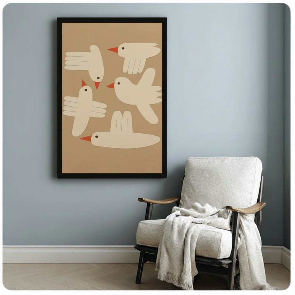 Abstract bird art poster in black frame hung on light blue wall beside a cozy armchair with linen throw