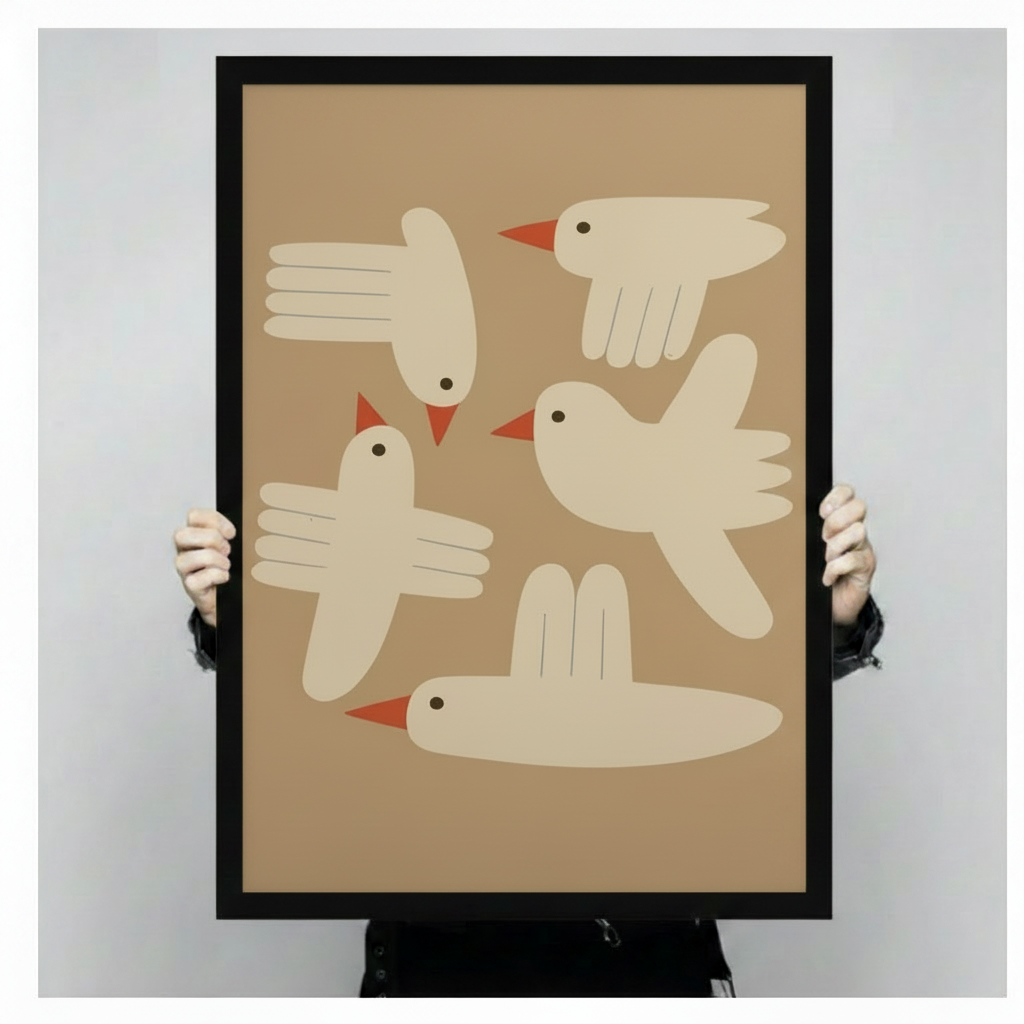 Person holding framed white birds mid-century art print showing scale and black frame detail against neutral background