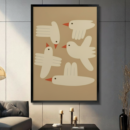 Mid-century modern white birds art print in black frame displayed above candlesticks in a contemporary living room
