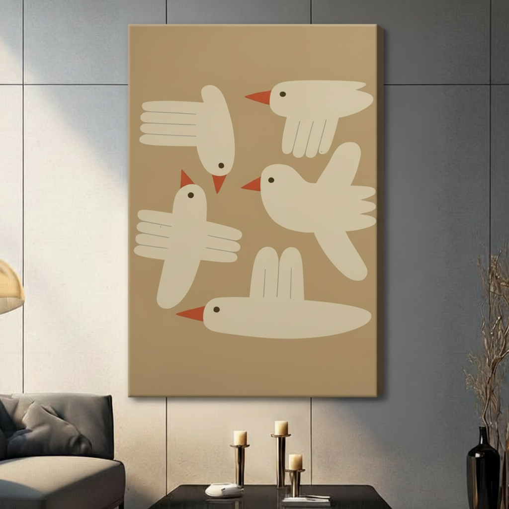 Unframed canvas wall art featuring four abstract white birds on warm beige background in mid-century modern style