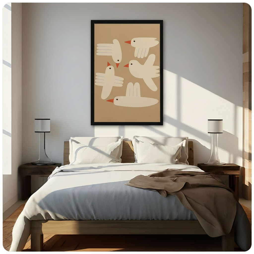 Framed mid-century modern white birds print displayed above a bed in a sunlit minimalist bedroom with warm wood tones