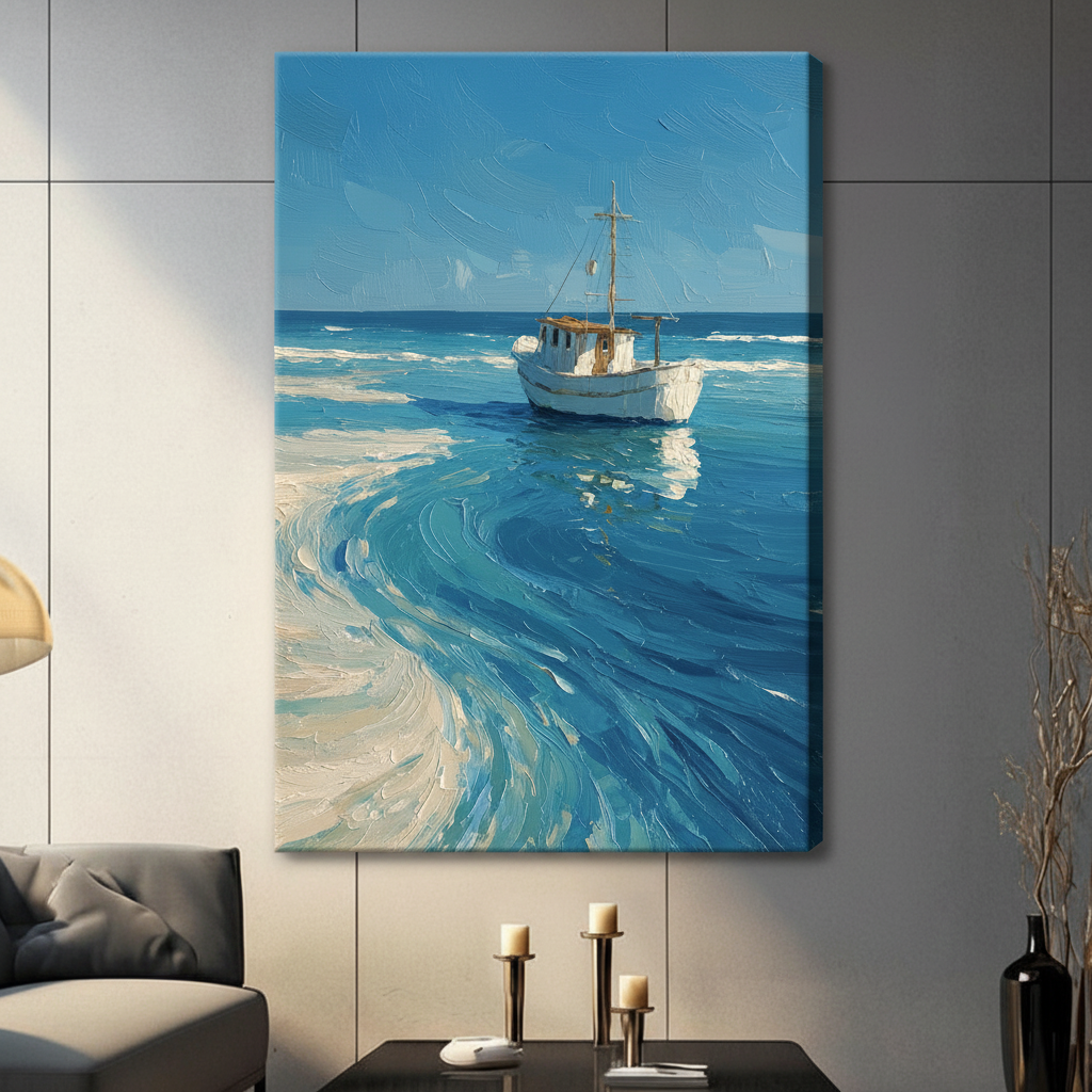 Unframed canvas print of a white fishing boat on a turquoise ocean with swirling sandy waves hung in a contemporary dark grey living room